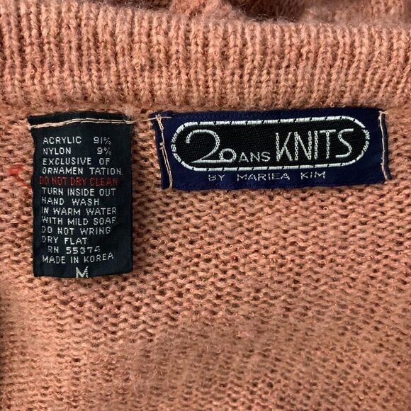 Vintage 80s Beaded Knit Cardigan Sweater M Mauve Pink Buttons Pockets Tie Waist - Picture 7 of 7